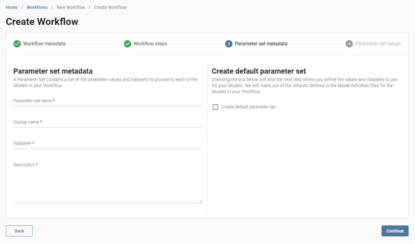 create workflow parameter set metadata