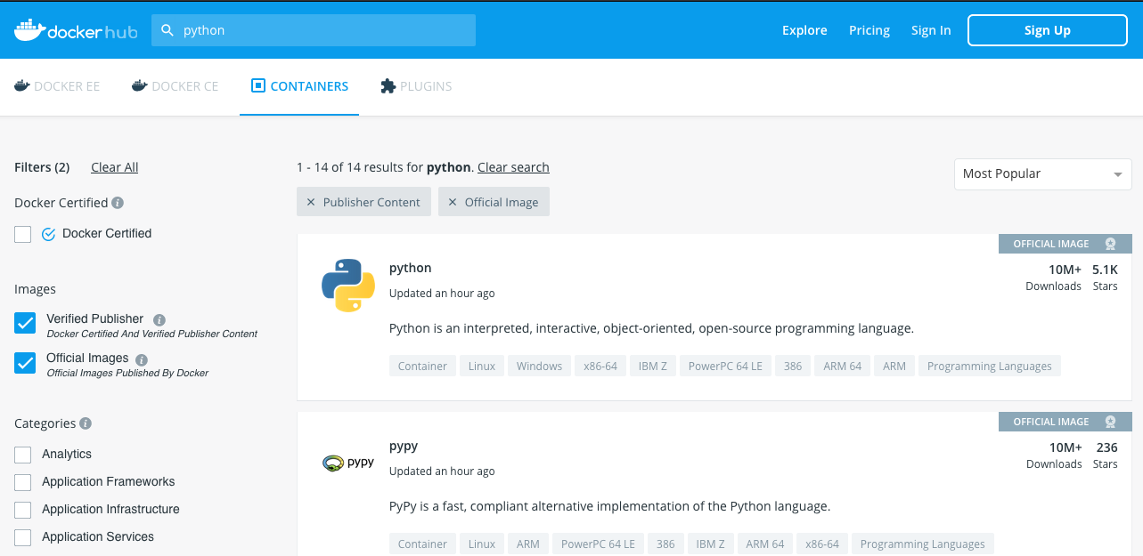 dockerhub python image search result