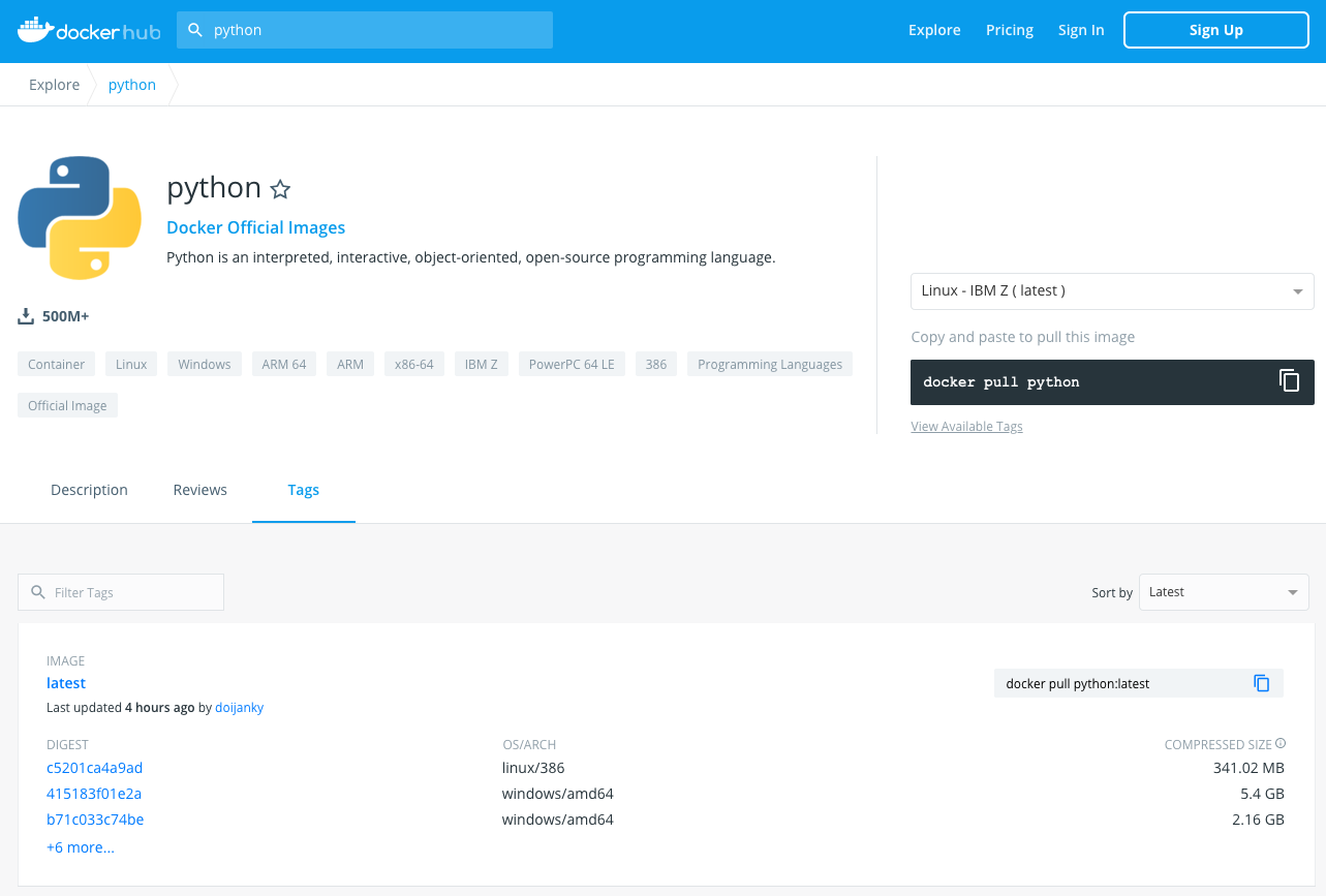 dockerhub python tags page
